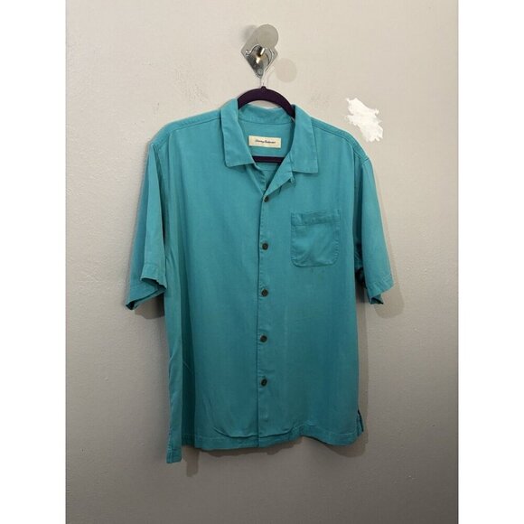 Tommy Bahama Button Up Short Sleeve Shirt Teal Blue Tropical Men Large 100% Silk - Picture 1 of 10